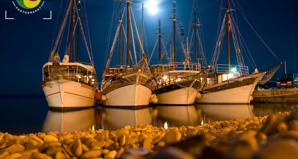 Parked boats under moonlight